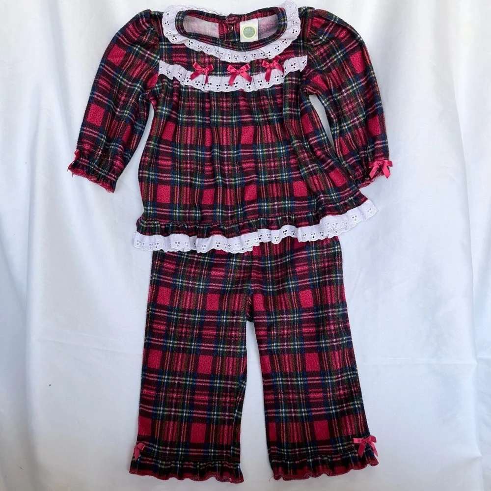 Little Me Red and Black Plaid Ruffle Pajama Set with White Lace